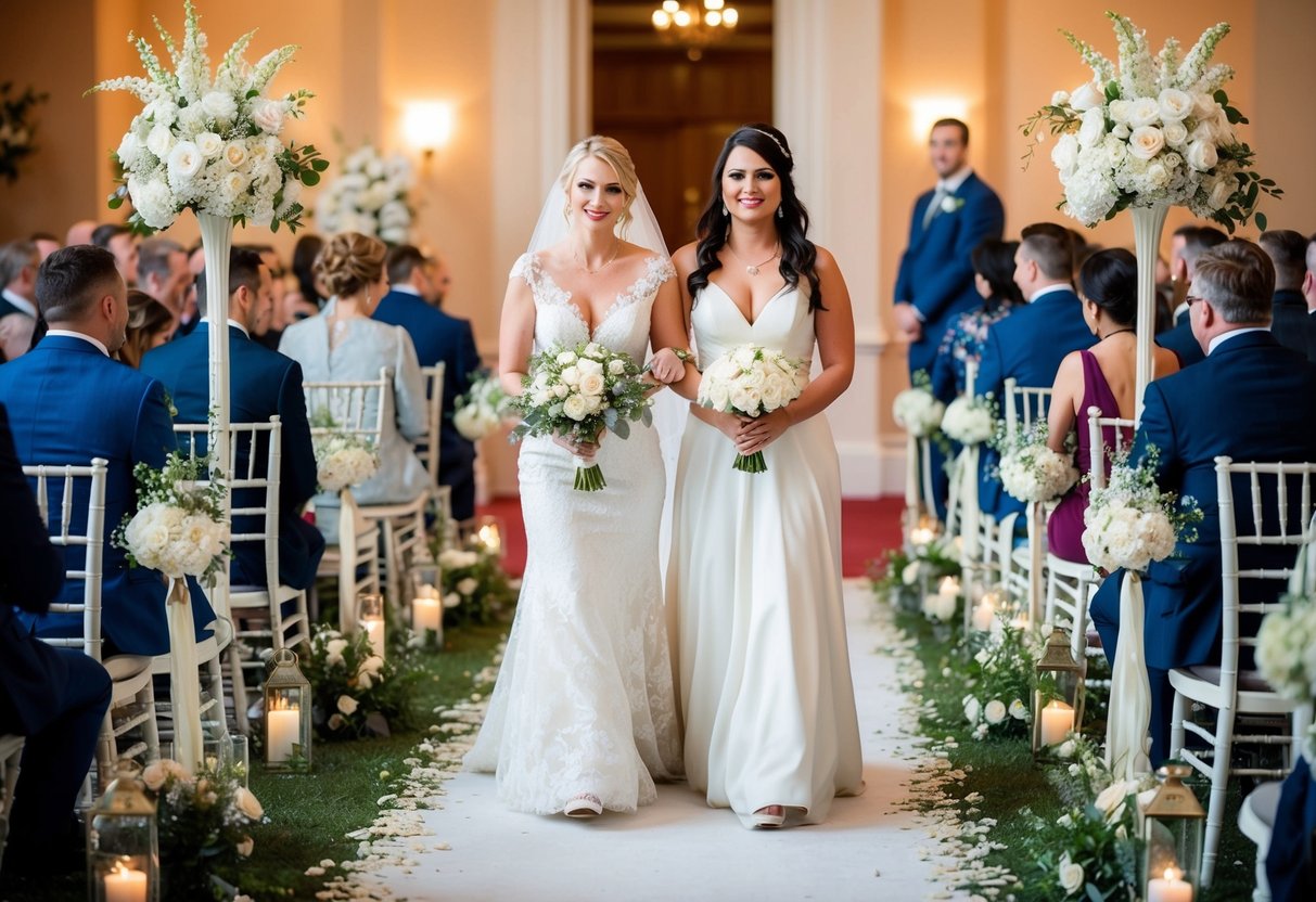 A bride walks down the aisle, accompanied by her best friend. They are surrounded by traditional wedding decor, with variations in floral arrangements and seating
