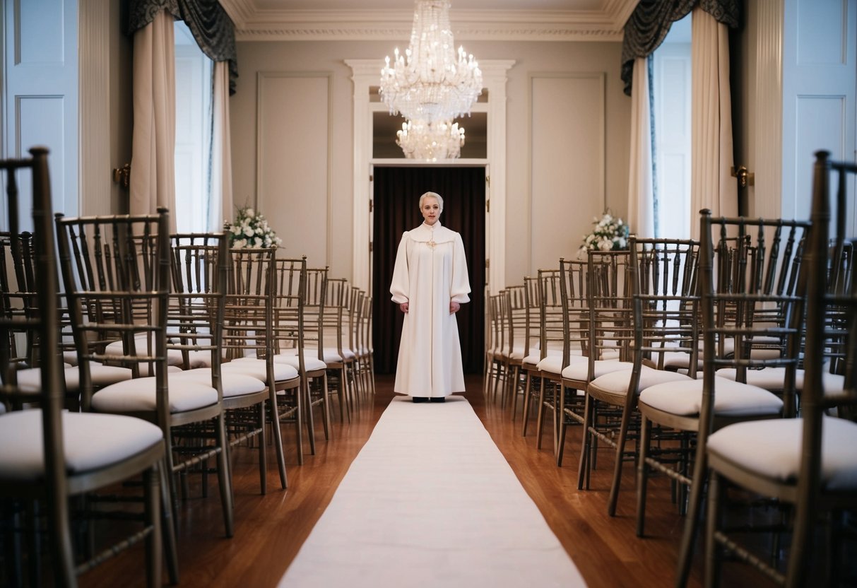 A figure stands at the end of an aisle, flanked by rows of empty chairs. A sense of privacy and formality is conveyed through the elegant decor and the hushed atmosphere