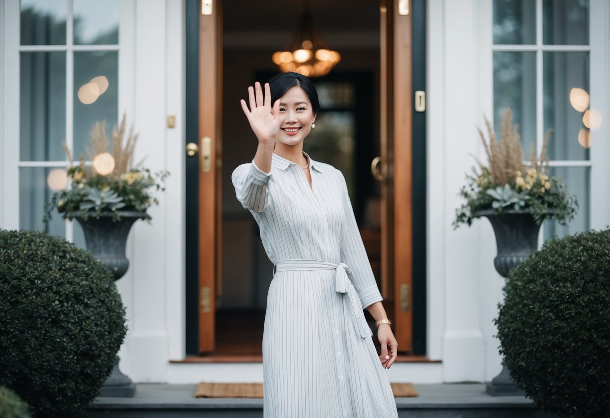 A person gracefully waving goodbye at a doorstep, smiling, and gesturing a polite decline
