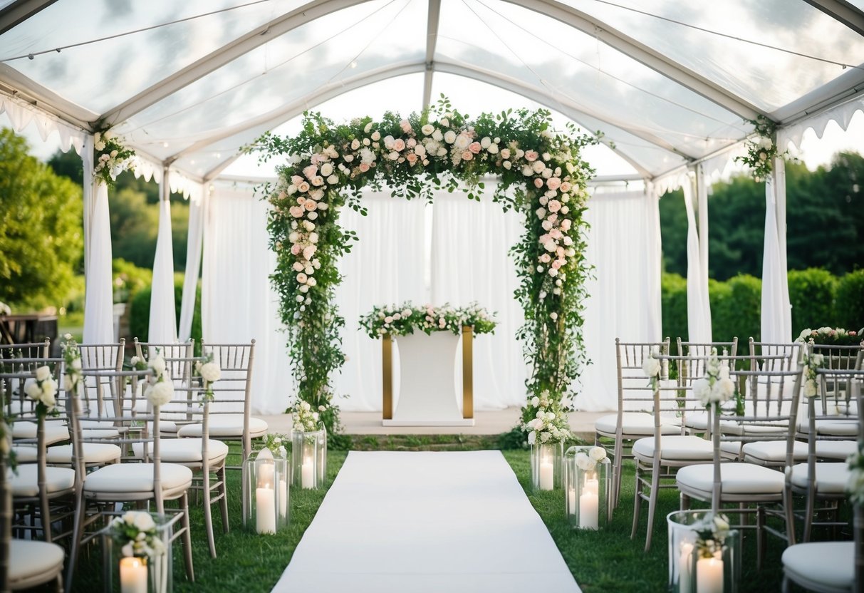 A wedding layout with a floral arch, seating, and altar under a canopy