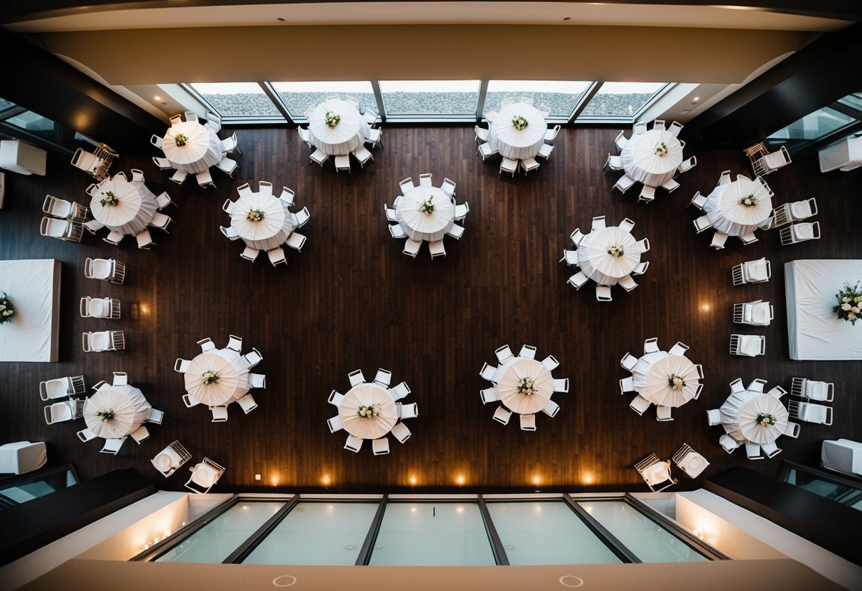 A bird's eye view of a wedding layout with tables, chairs, and a dance floor arranged in a spacious and elegant indoor venue