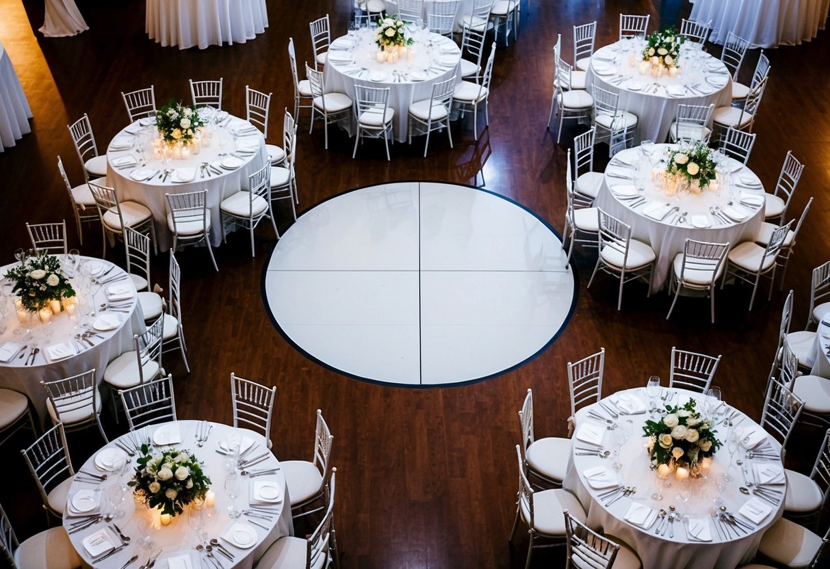 A wedding reception layout: Round tables with white tablecloths, floral centerpieces, and place settings. A dance floor in the center, surrounded by chairs for guests