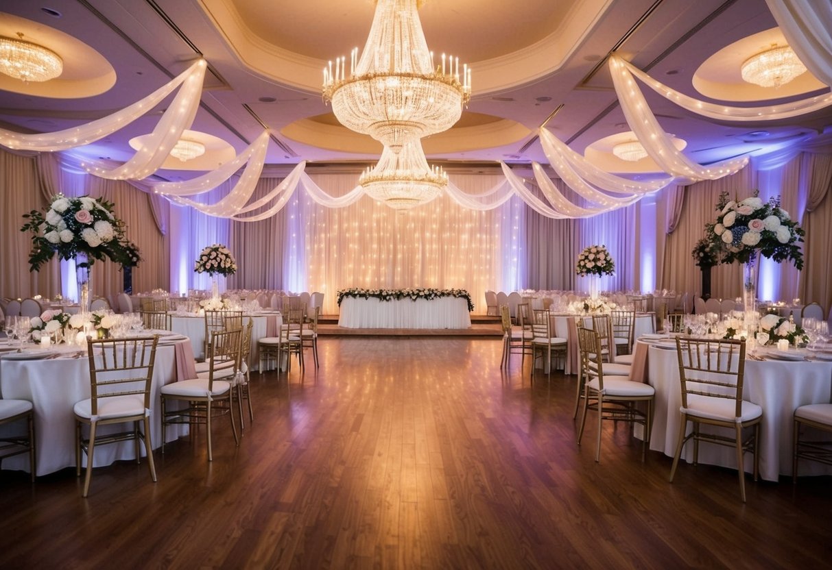A grand ballroom with elegant seating, floral centerpieces, and a dance floor surrounded by twinkling lights and draping fabric