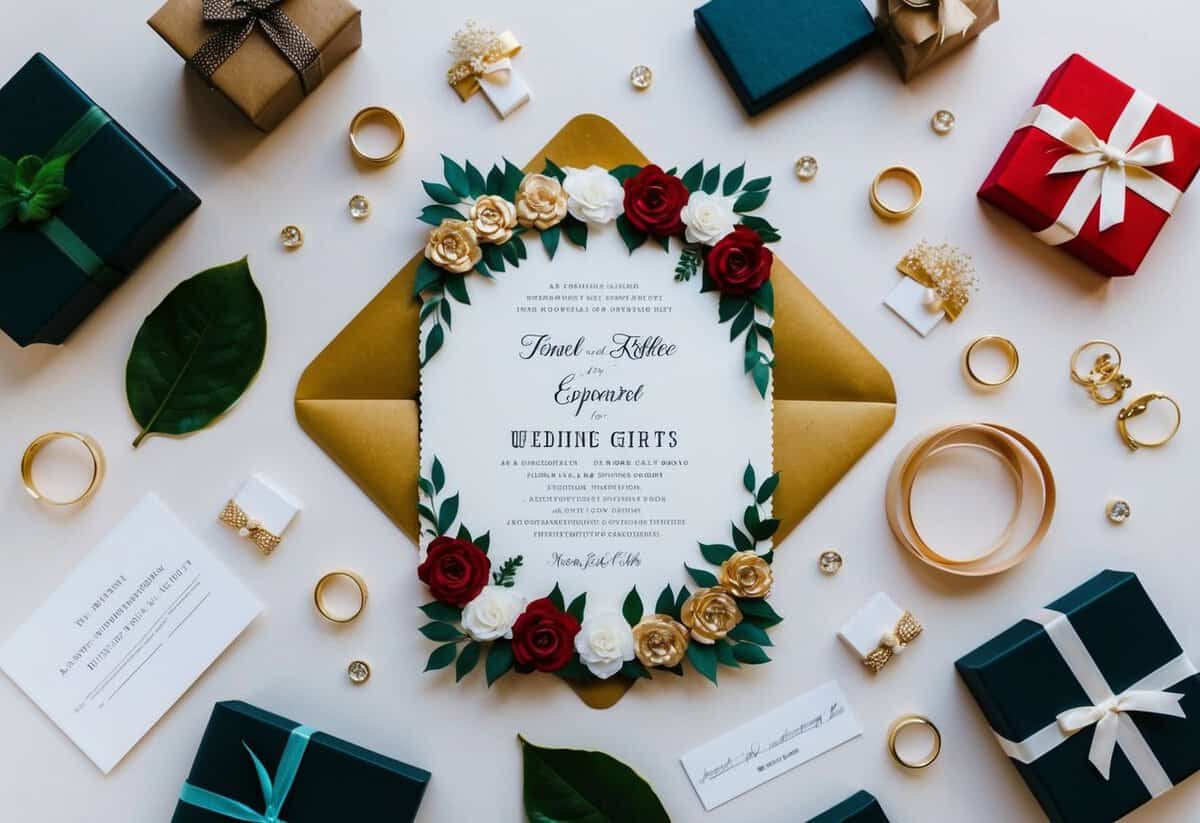 A beautifully decorated wedding invitation surrounded by various expenses such as travel, accommodations, and gifts