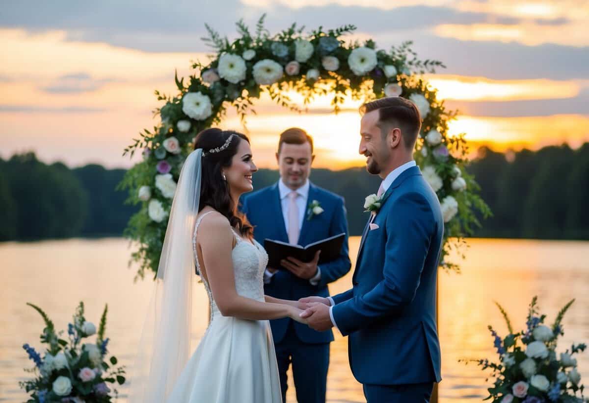 A bride and groom standing under a floral arch, exchanging vows in front of a serene lake at sunset