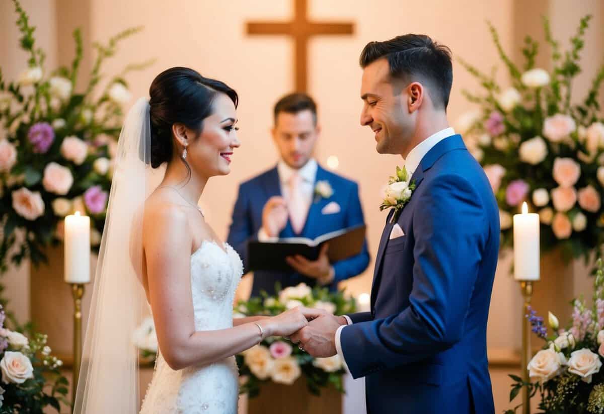 A bride and groom standing at the altar, surrounded by blooming flowers and soft candlelight, exchanging heartfelt vows with tears in their eyes