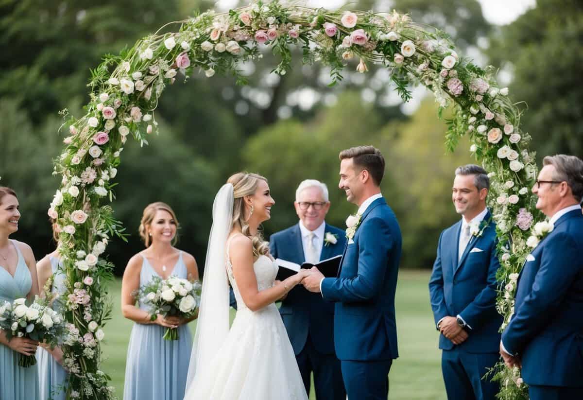 A bride and groom stand beneath an arch of intertwined flowers, exchanging heartfelt vows as their loved ones look on with joy and support