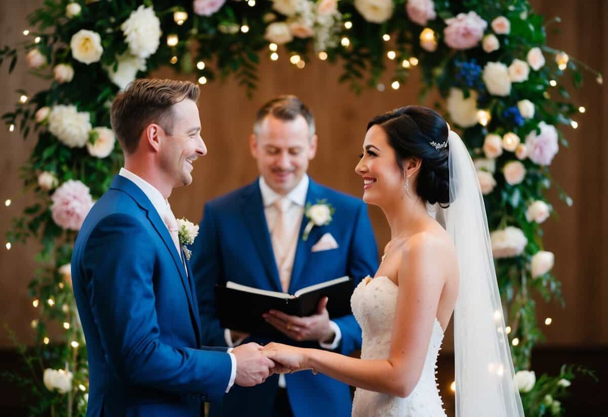 A bride and groom standing at the altar, surrounded by blooming flowers and twinkling lights, exchanging heartfelt vows with tears of joy in their eyes