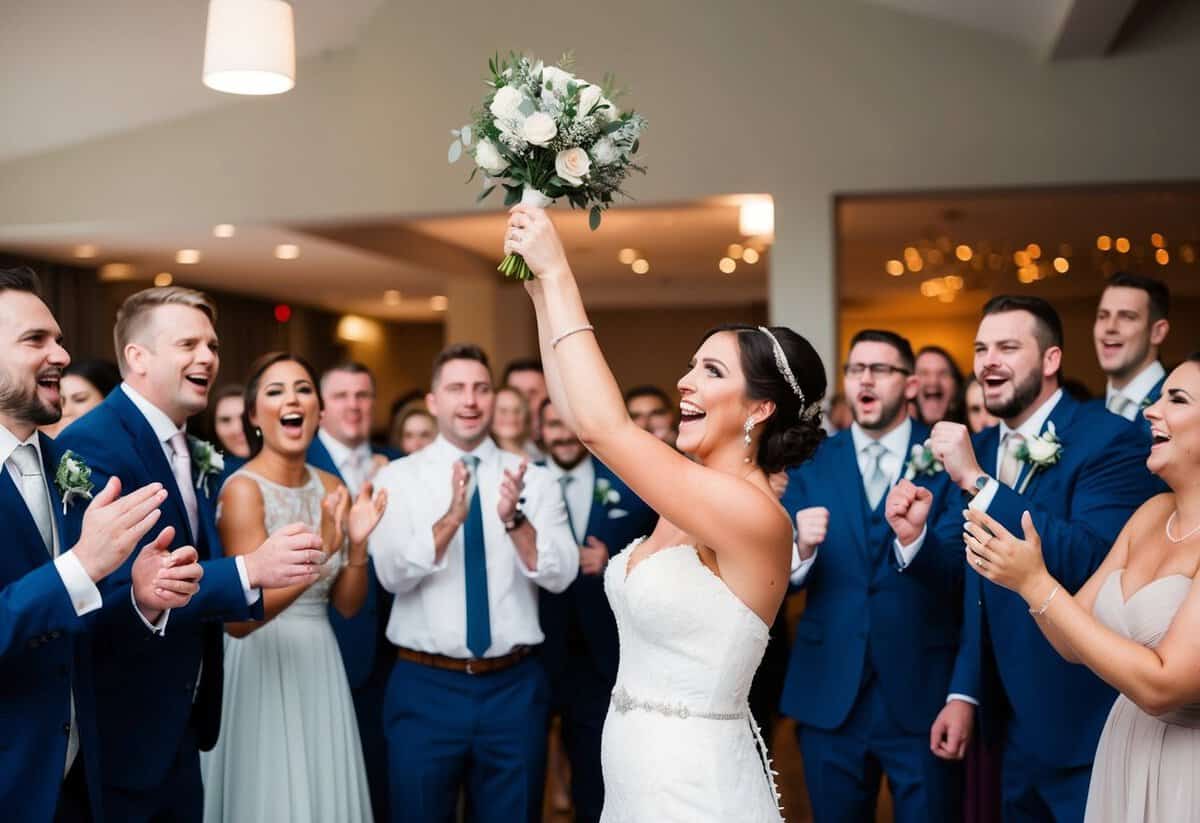 A bride tosses a garter to a group of cheering wedding guests