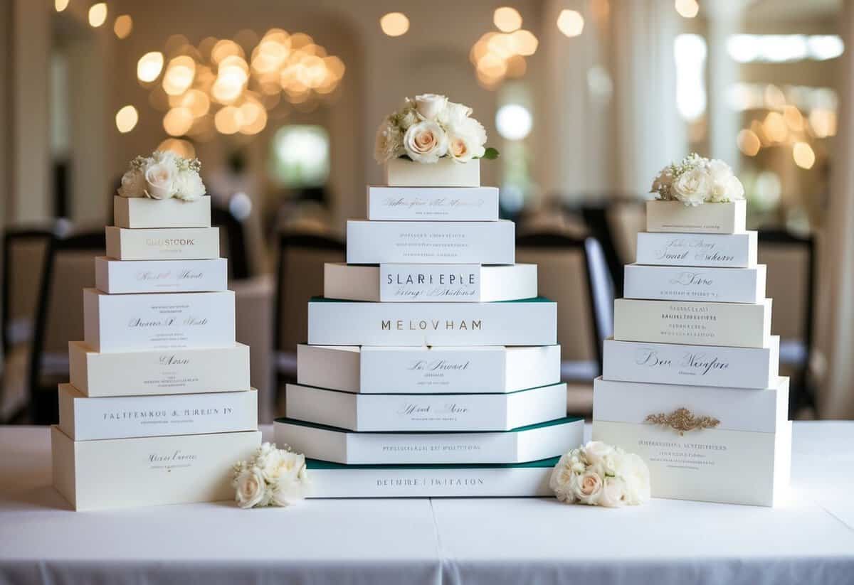 A stack of elegant wedding invitations, each with a different combination of names arranged in various styles and sizes