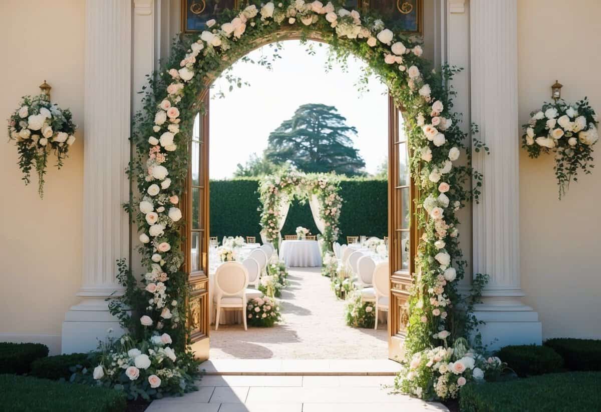 A grand, ornate doorway adorned with flowers and greenery, leading into a sunlit garden filled with elegant decor and seating for guests