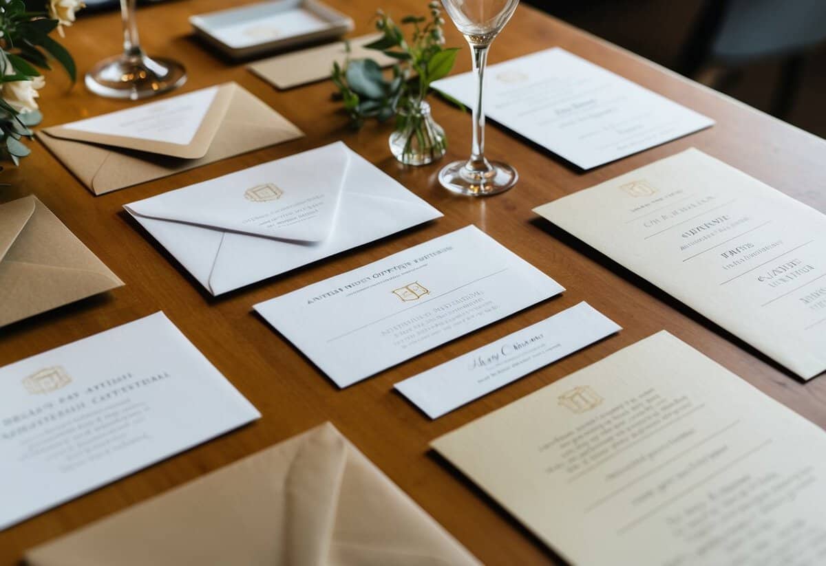 A table with various invitation components: envelopes, cards, and a list of names in different orders