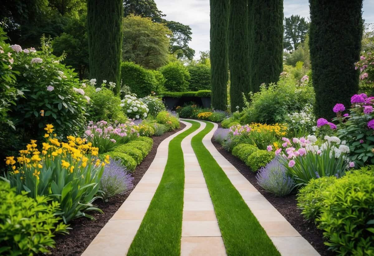 Two paths winding through a lush garden, bordered by blooming flowers and tall trees