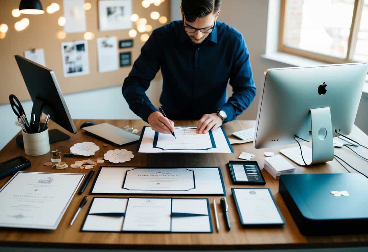 A person at a desk creating and printing wedding invitation designs with a computer, printer, and various design tools spread out around them