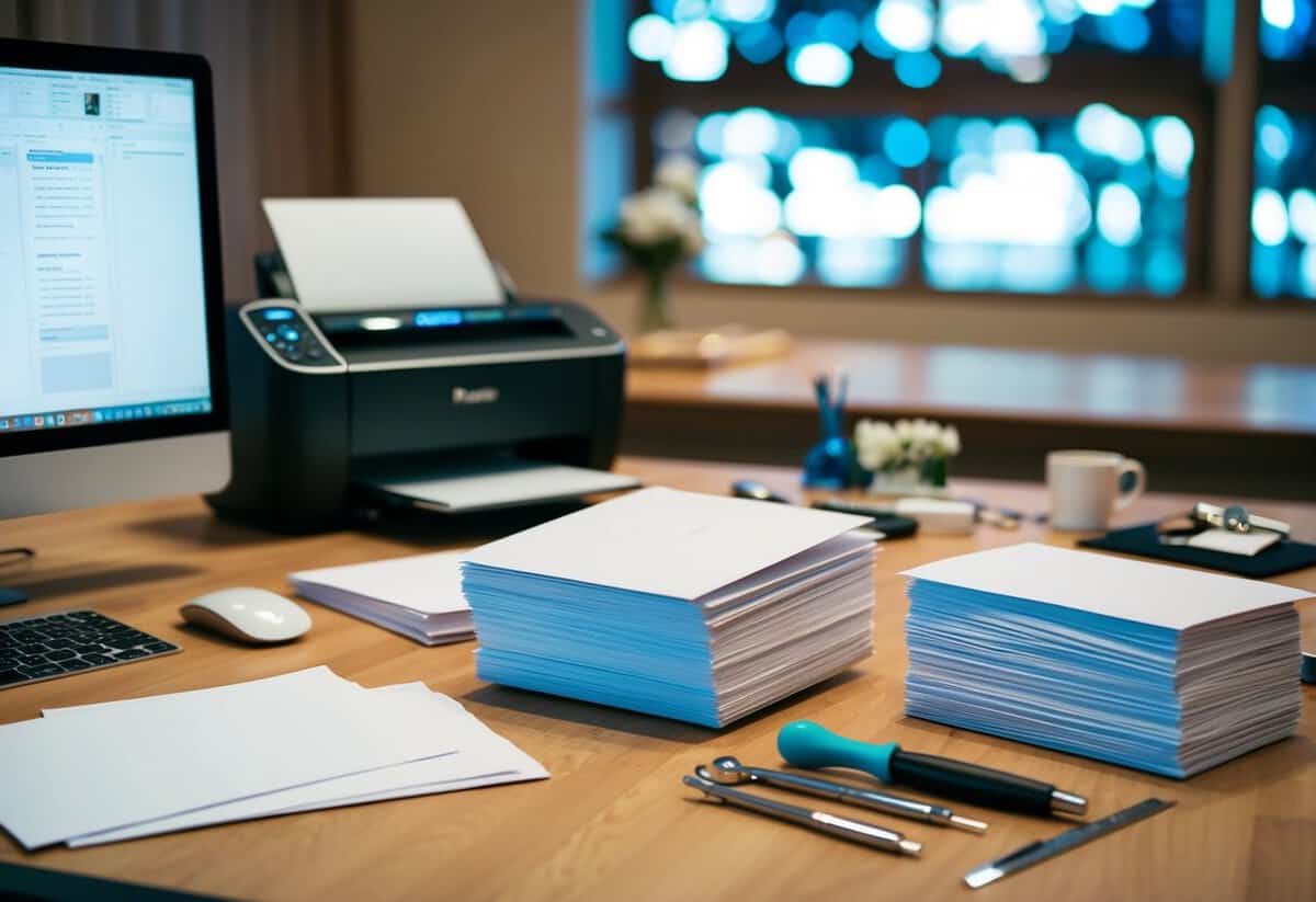 A table with a computer, printer, and various design tools. A stack of blank wedding invitation cards and envelopes are nearby