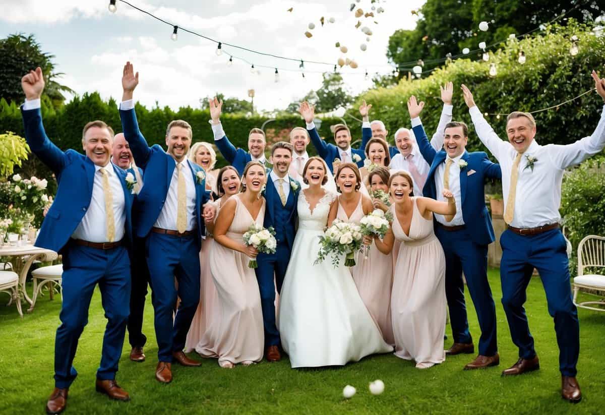 A group of wedding guests celebrate in a garden, with the bride and groom at the center of the joyful gathering