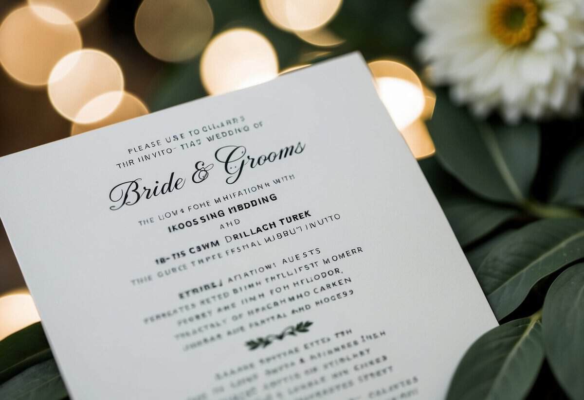 A wedding invitation with a list of guests and the bride and groom's names highlighted