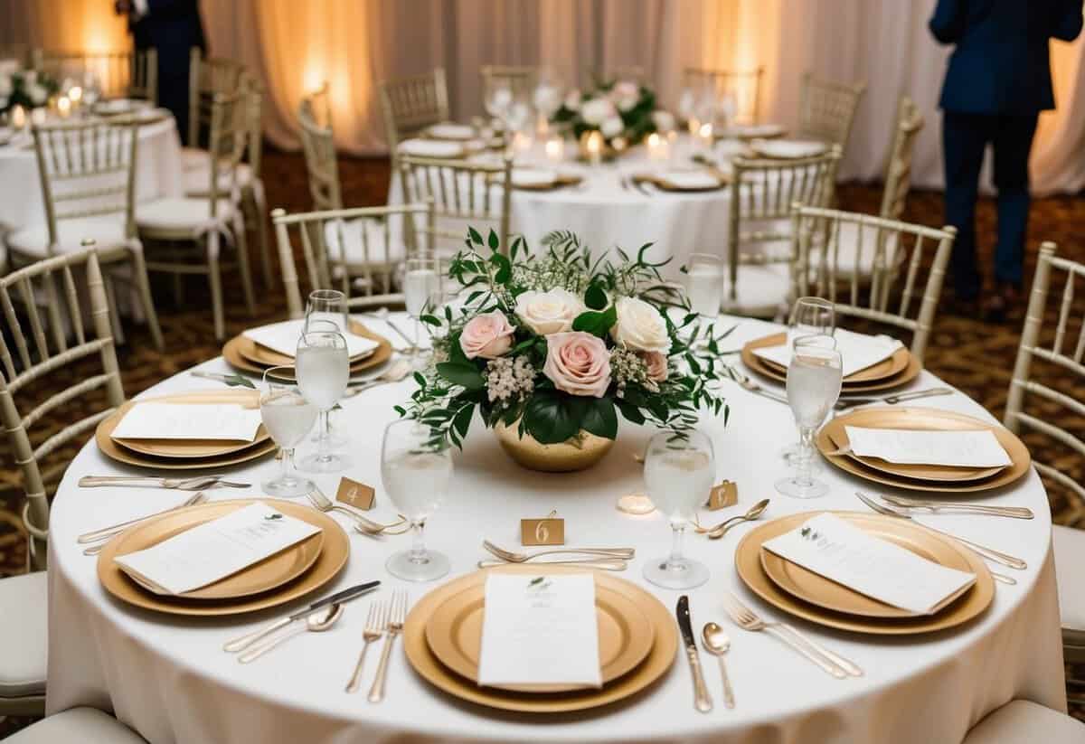 A table set with elegant place settings and a floral centerpiece, surrounded by chairs for guests