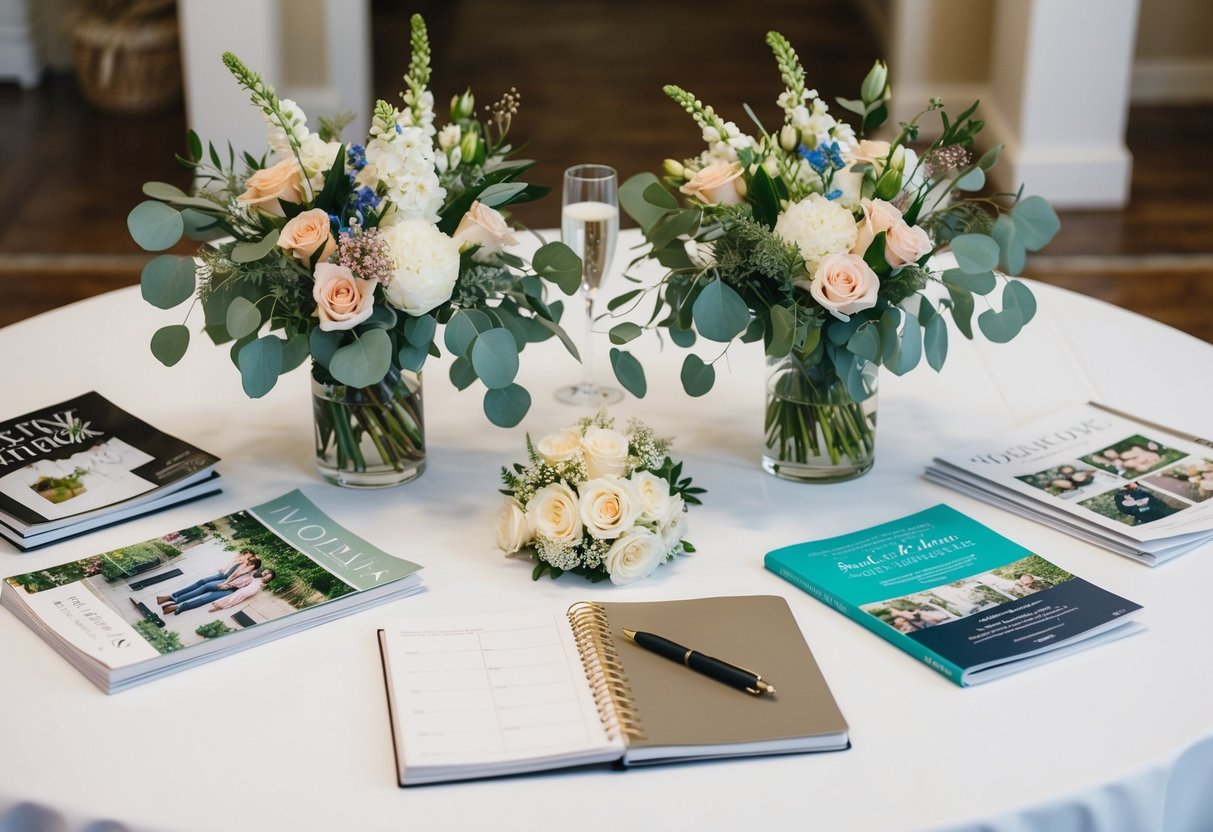 A table adorned with wedding magazines, floral arrangements, and a notebook filled with plans and ideas