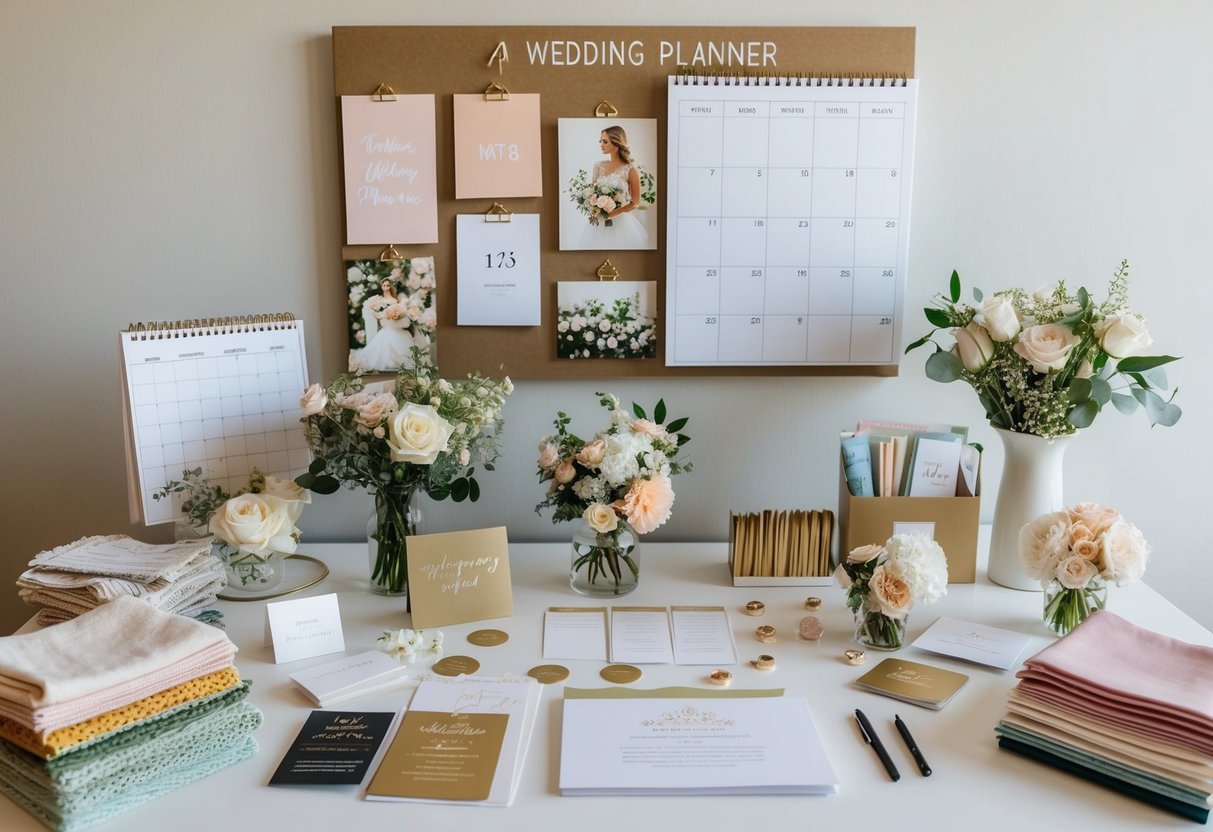 A wedding planner's desk cluttered with fabric swatches, floral arrangements, and invitation samples. A calendar with dates circled and a mood board of inspiration photos
