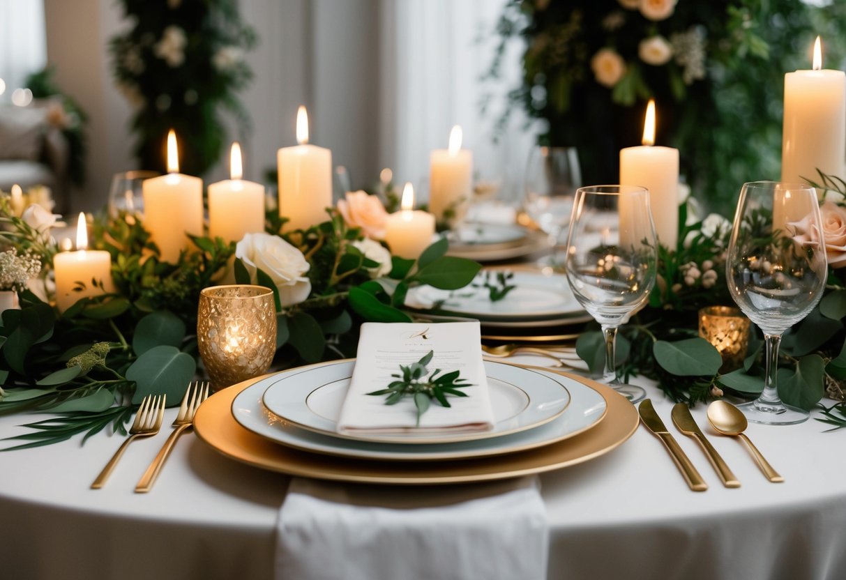 A beautifully set table with elegant place settings and flickering candlelight, surrounded by lush greenery and floral arrangements