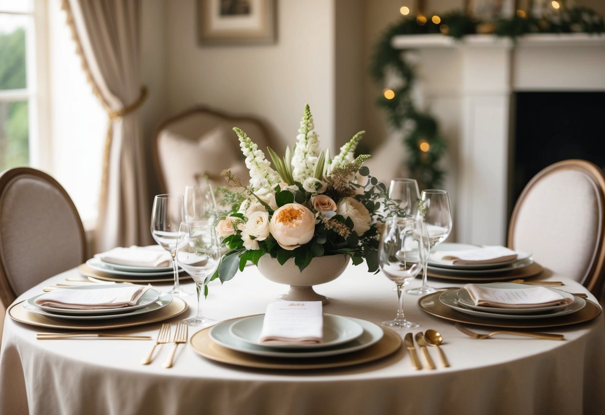 A beautifully set table with elegant place settings and a centerpiece of fresh flowers. A warm and inviting atmosphere with soft lighting and cozy decor