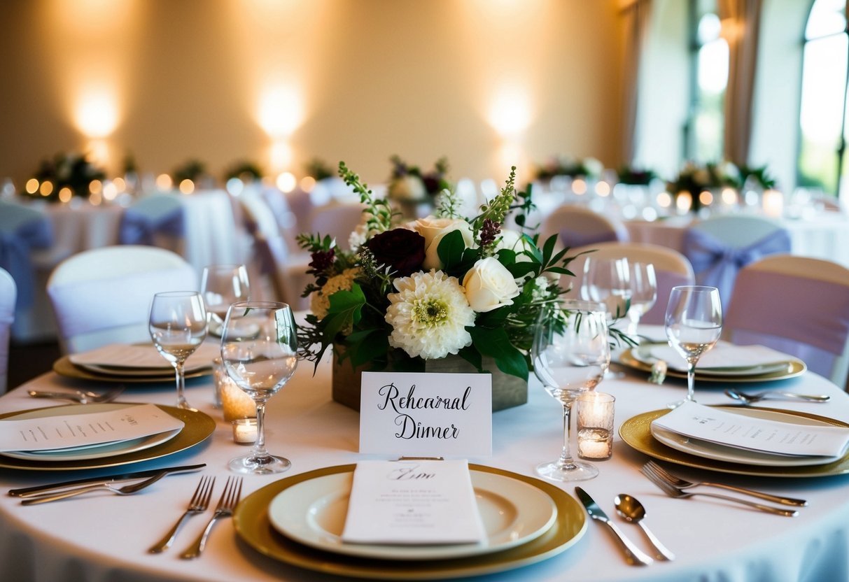 A table set for a rehearsal dinner, with place settings and name cards indicating where guests will sit. A floral centerpiece adds a touch of elegance to the scene