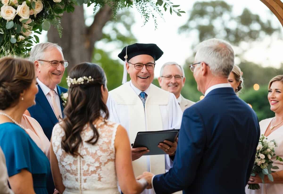 A family member officiates a ceremony, surrounded by loved ones and a joyful atmosphere