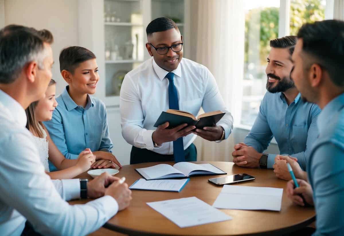 A family gathered around a table, discussing wedding plans with a celebrant. The celebrant holds a book and gestures towards a paper with a pen