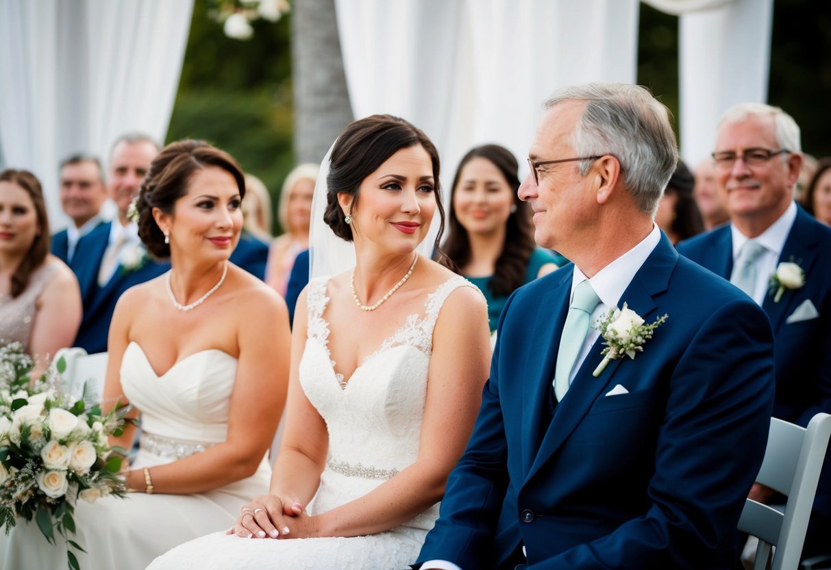 Divorced parents sit together at a wedding, sharing a polite but distant conversation as they watch the ceremony unfold