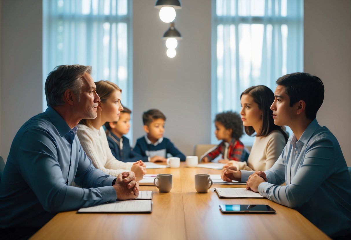 Divorced parents sit at separate tables, exchanging tense glances while their children try to mediate