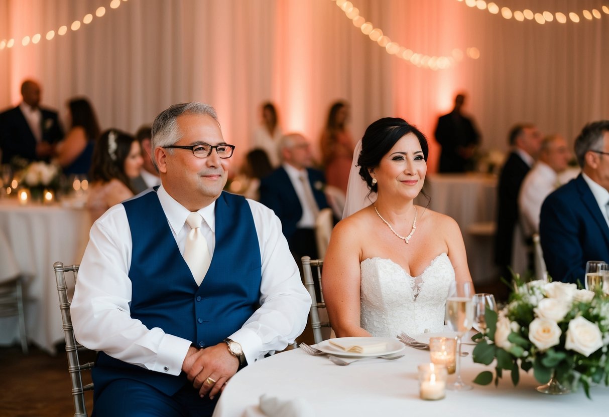 Divorced parents seated separately at a wedding reception
