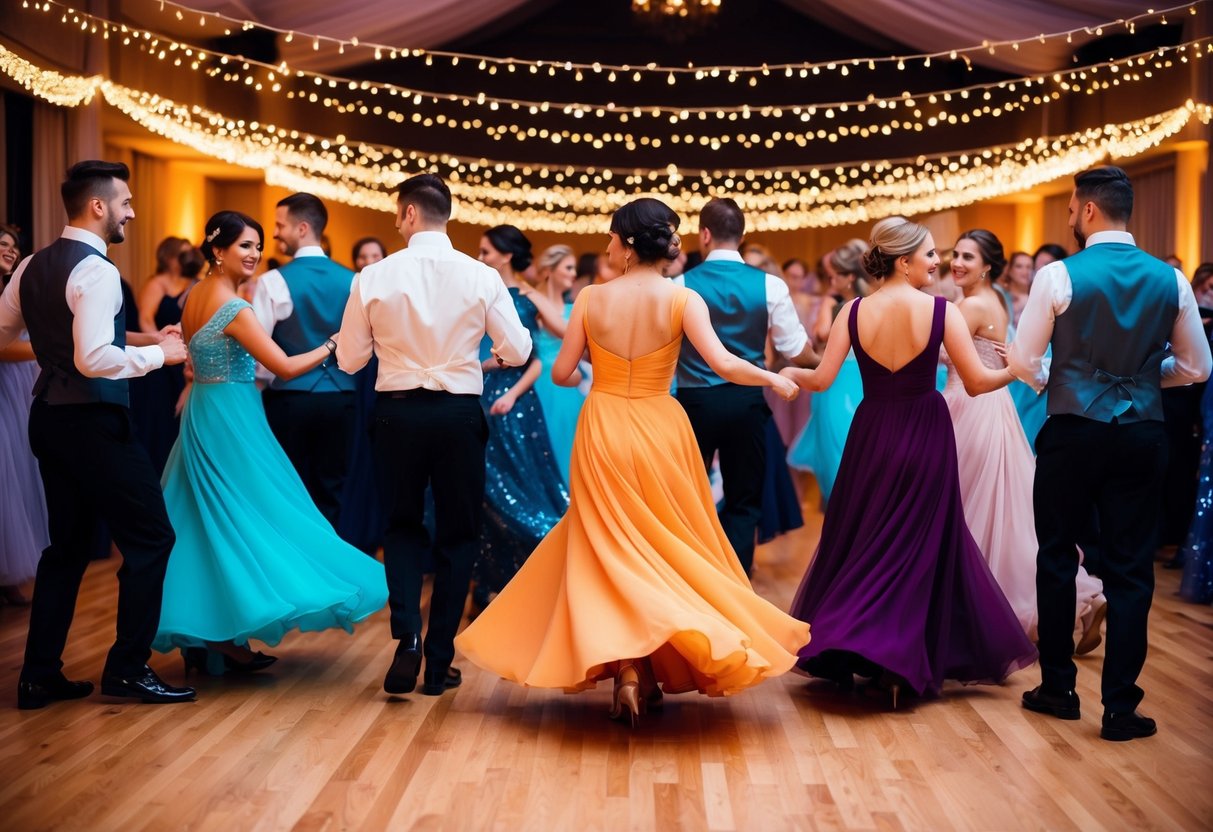 A group of elegantly dressed figures twirl and sway across a crowded dance floor, surrounded by the warm glow of fairy lights and the sound of lively music
