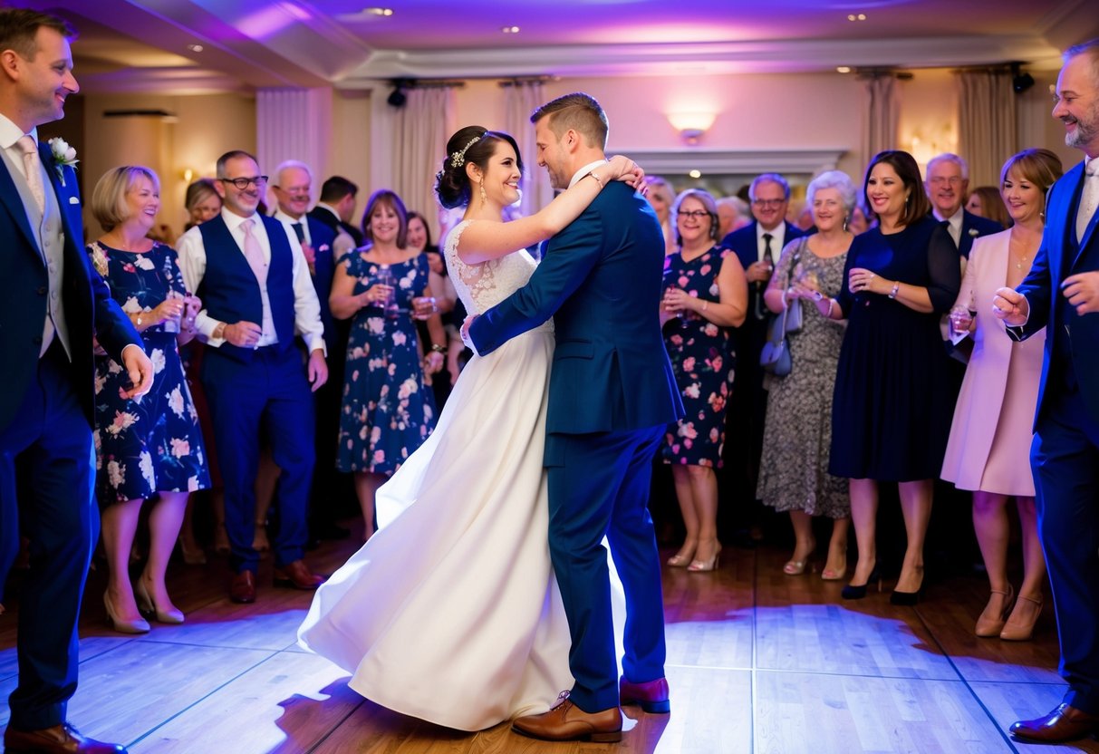 A couple twirls on the dance floor, surrounded by guests at a UK wedding