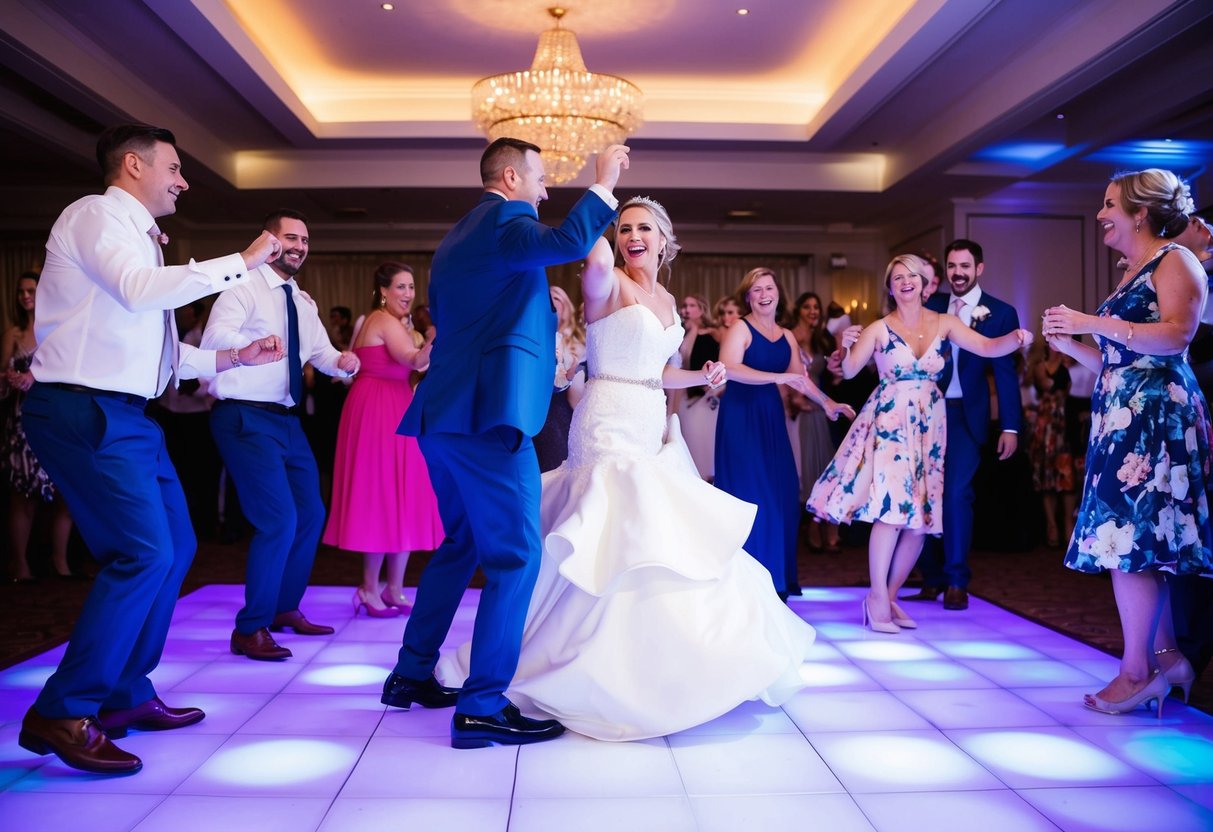 Bridal party and guests dance on the UK wedding dance floor