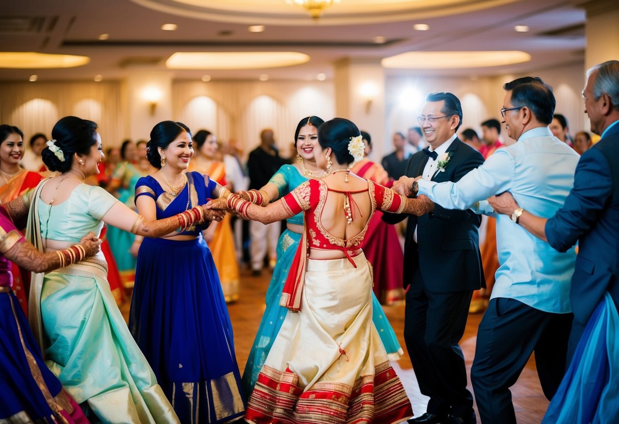Family members and friends join in traditional wedding dances, circling and linking arms in joyful celebration