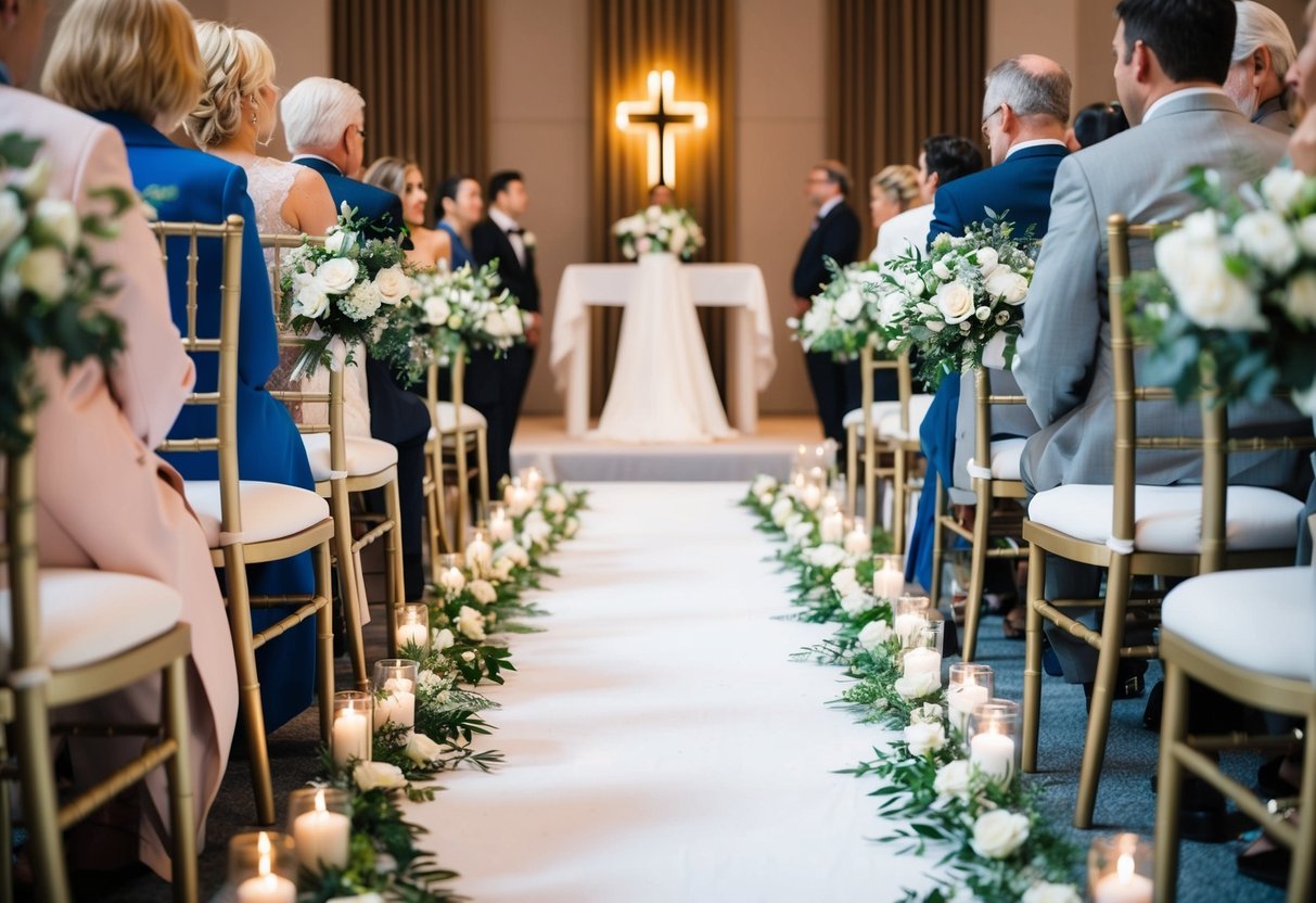 A flower-strewn aisle leading to an altar, with seating on either side for guests