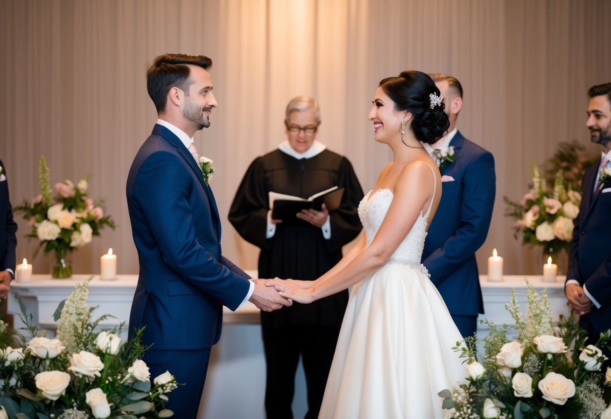 A bride and groom stand facing each other at the altar, surrounded by flowers and candles. The officiant asks, "Do you take this man/woman to be your lawfully wedded spouse?" The bride responds with a resounding "I do."