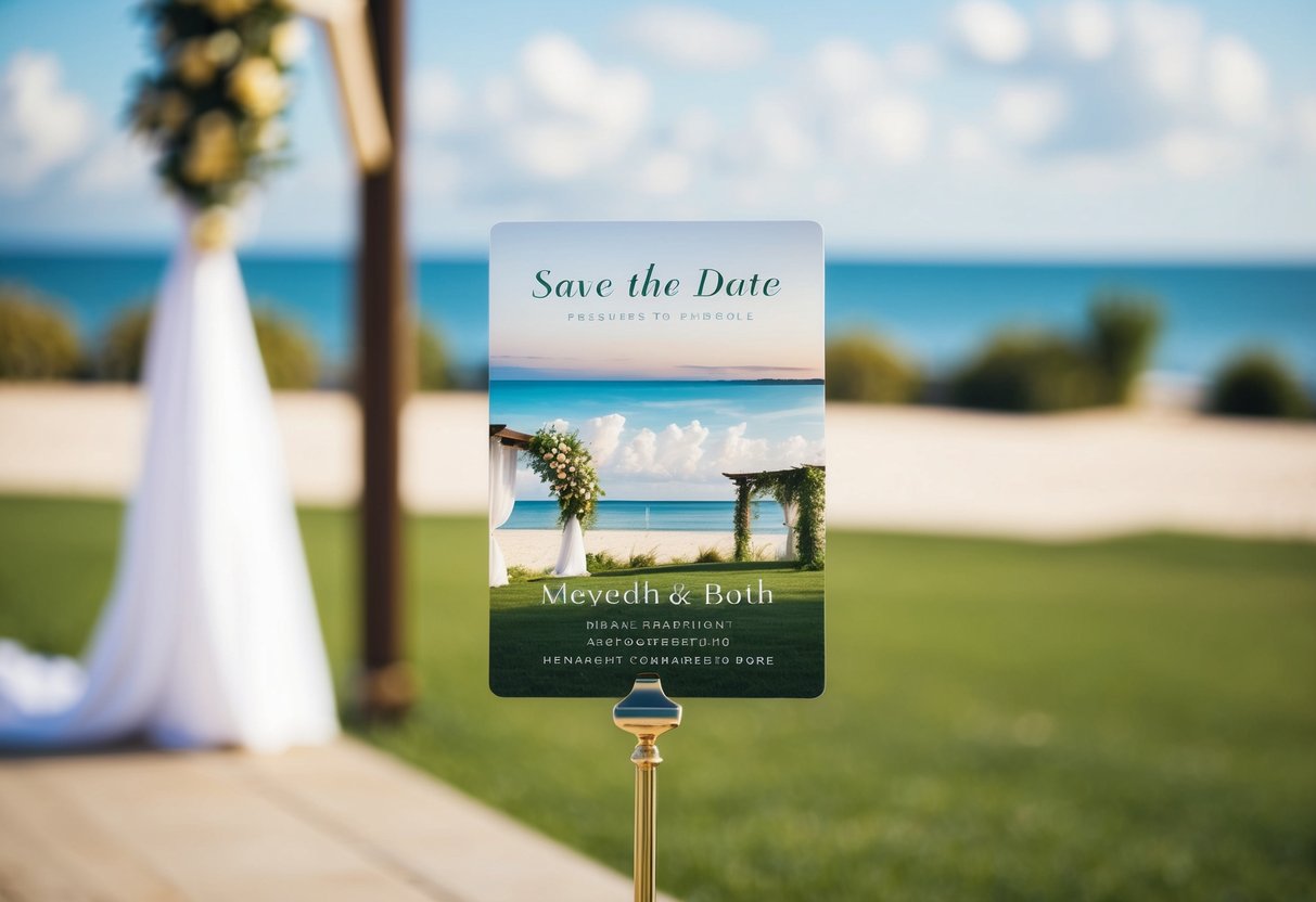A beautiful outdoor wedding venue with a scenic backdrop, such as a beach or garden, is depicted on the save the date card