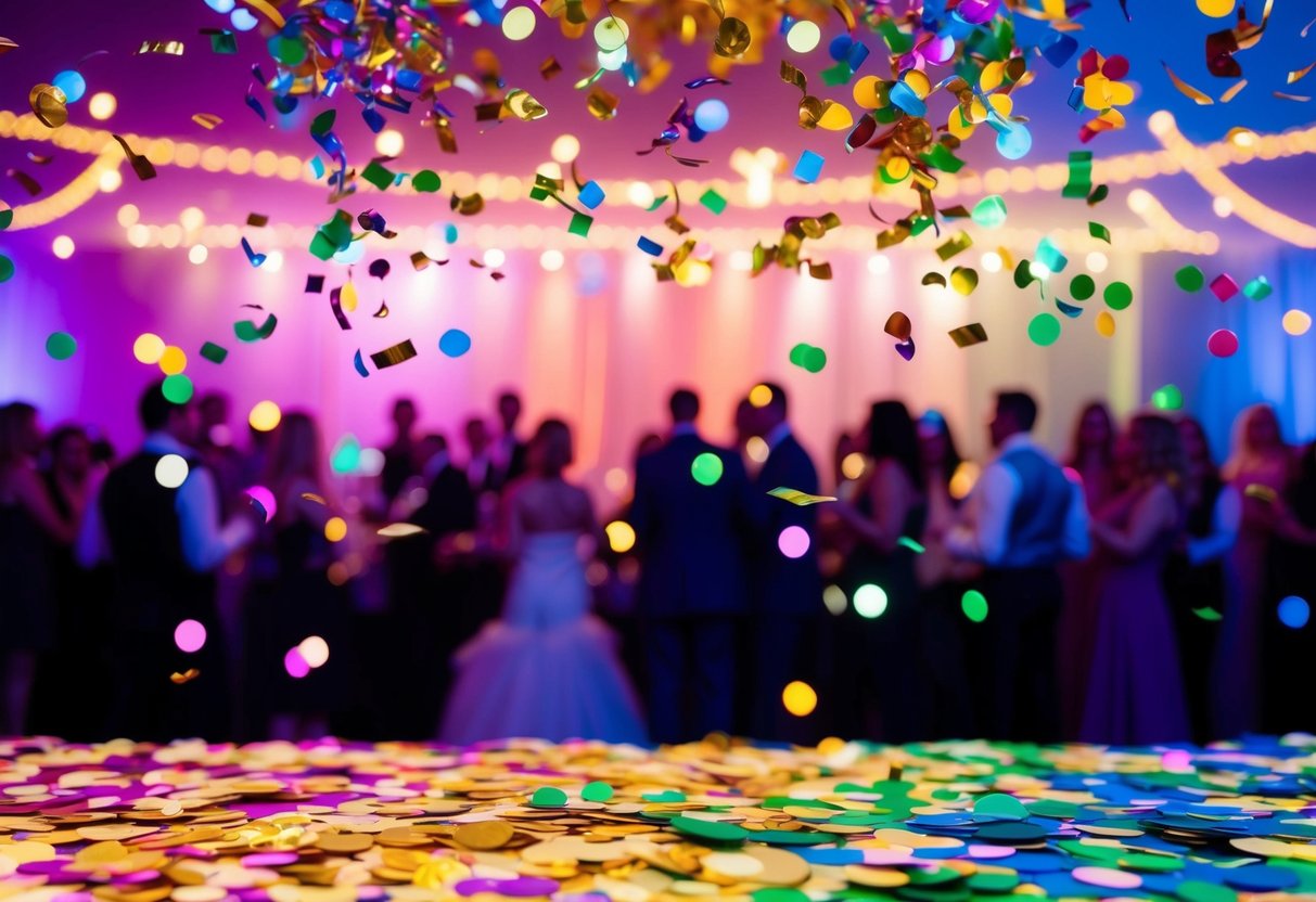 A colorful array of confetti in various shapes and sizes scattered across a festive party setting with 50 guests in the background