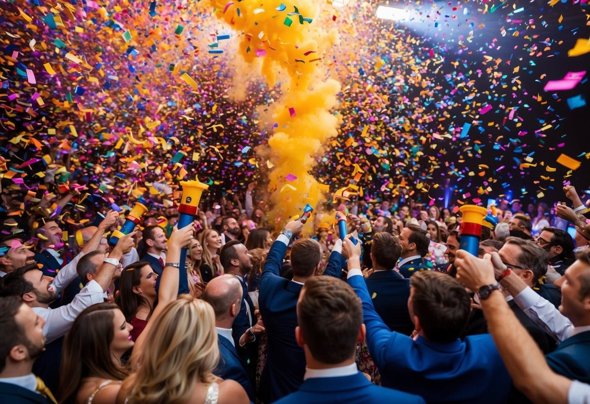 Colorful confetti fills the air, swirling around 50 guests at a lively event. Confetti cannons and handheld launchers add to the festive atmosphere