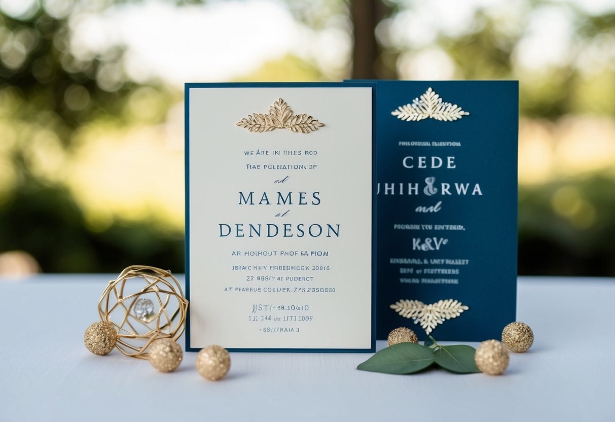 A wedding invitation with two names, one positioned before the other, surrounded by decorative elements