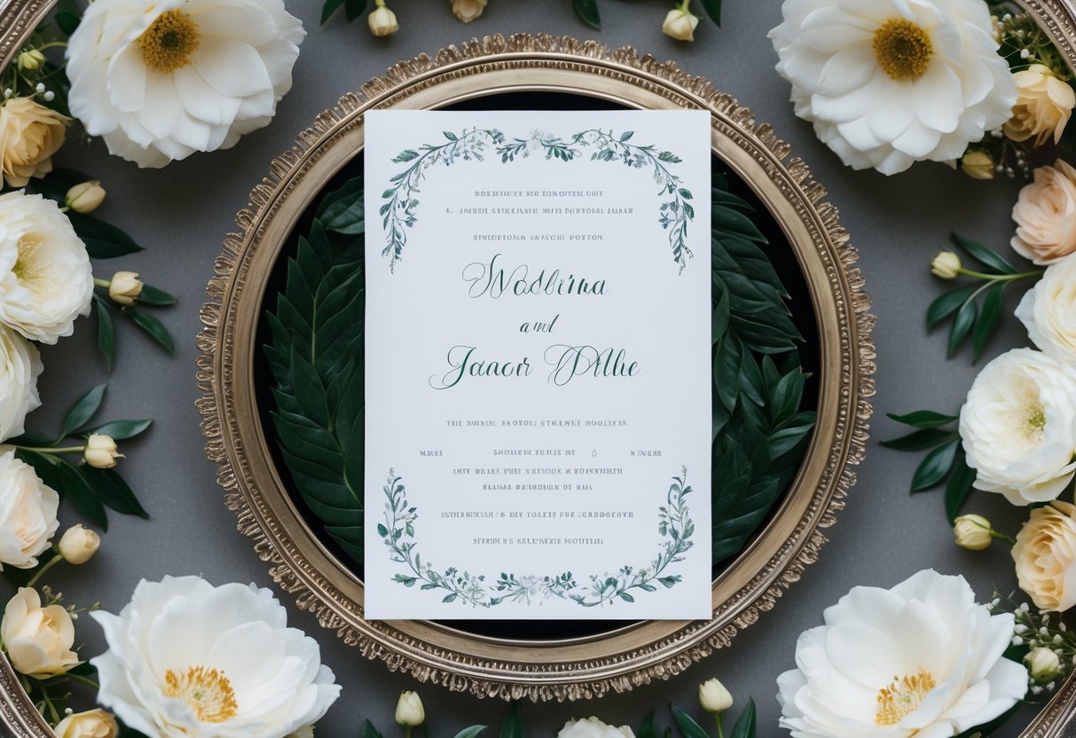 A blank wedding invitation with space for names, surrounded by elegant floral designs and intricate borders