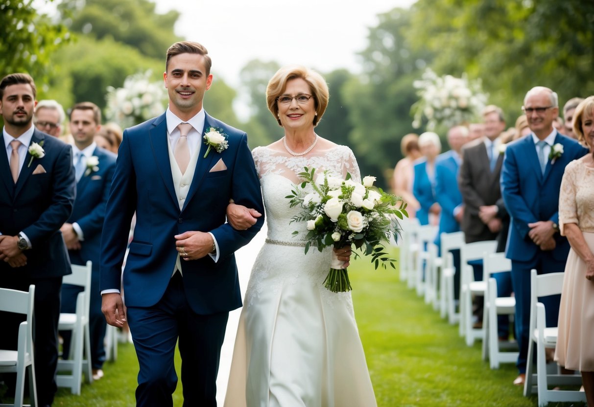 The groom and his mother walk side by side, leading the procession with grace and dignity