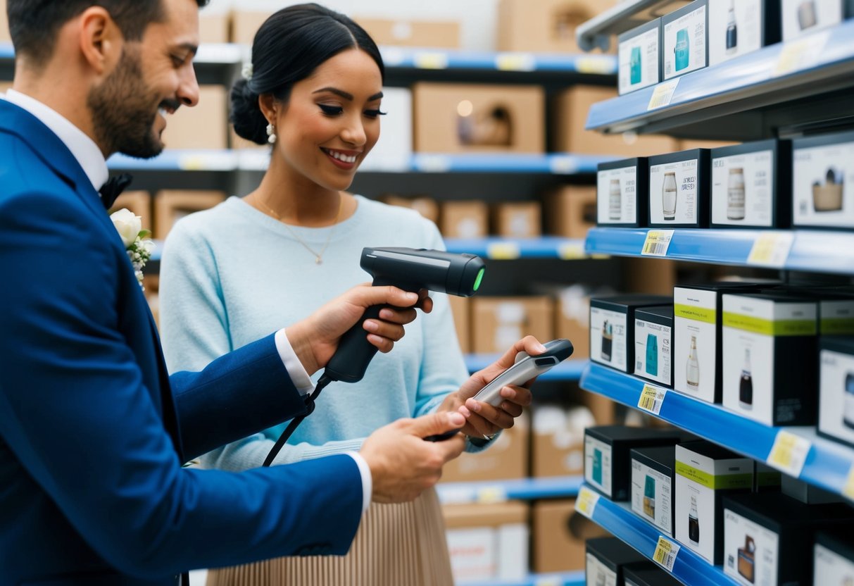 A couple selects items from a store and scans them with a barcode scanner, adding them to a list for guests to purchase as wedding gifts