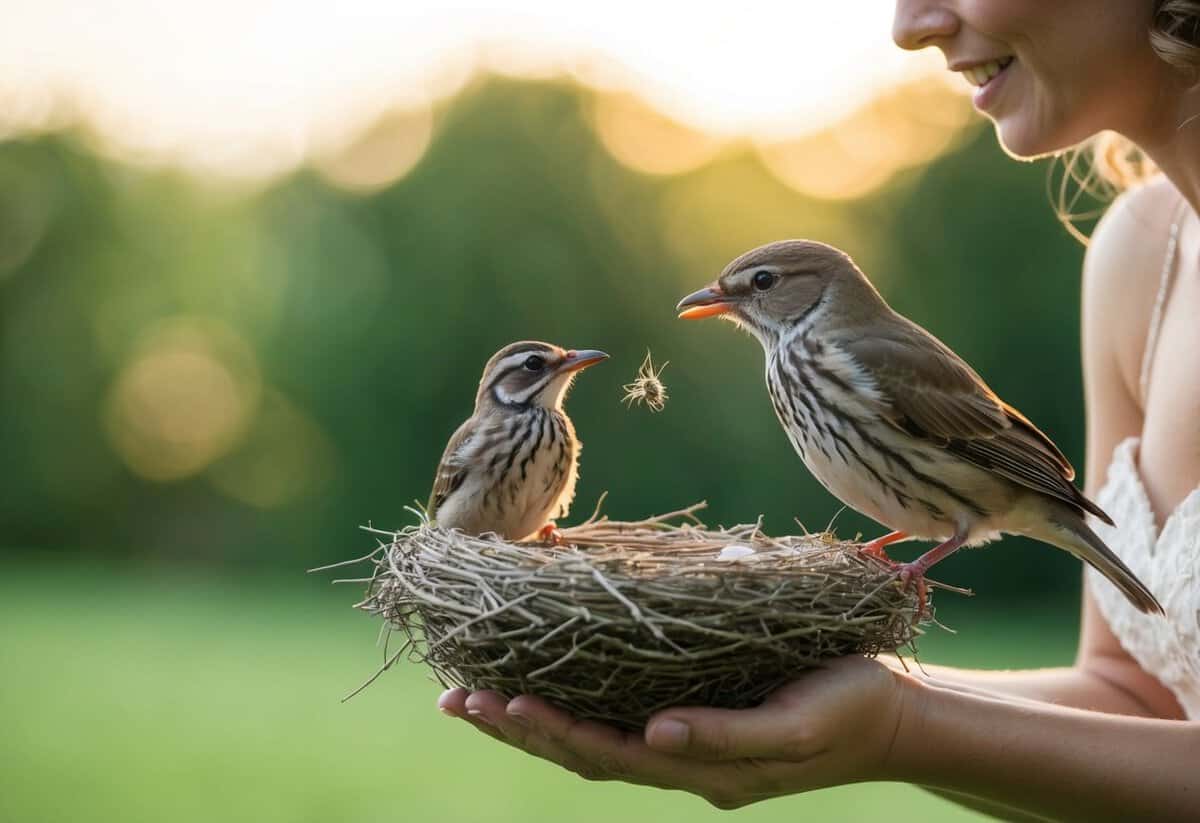 A mother bird presents a carefully crafted nest to the bride bird