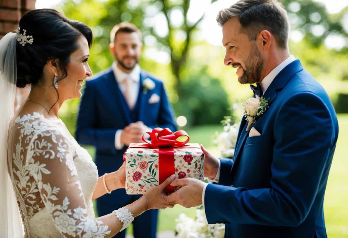 The mother groom presents a beautifully wrapped gift to the bride