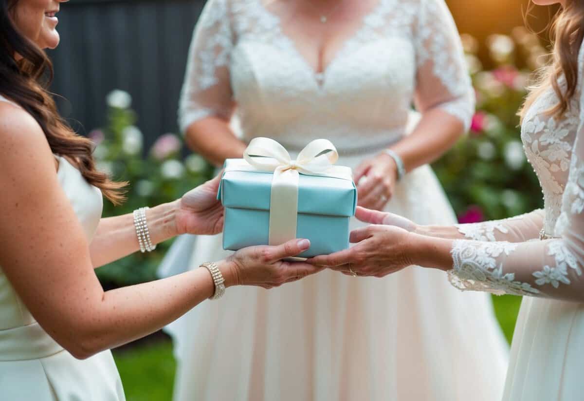A mother hands a delicately wrapped gift to a bride. The bride's expression is one of surprise and gratitude as she receives the thoughtful gesture