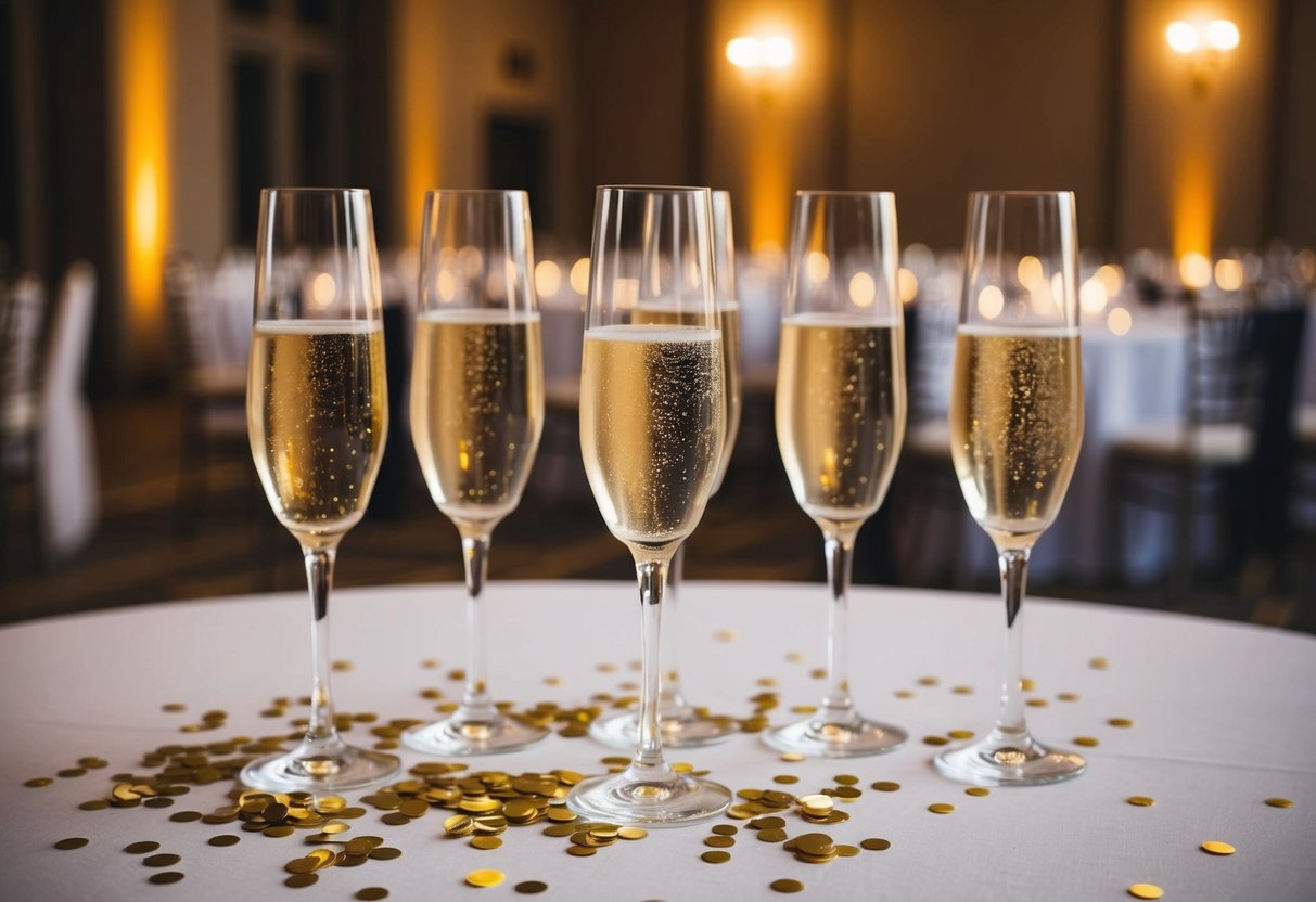 A group of empty champagne glasses and scattered confetti on a table at a dimly lit reception hall