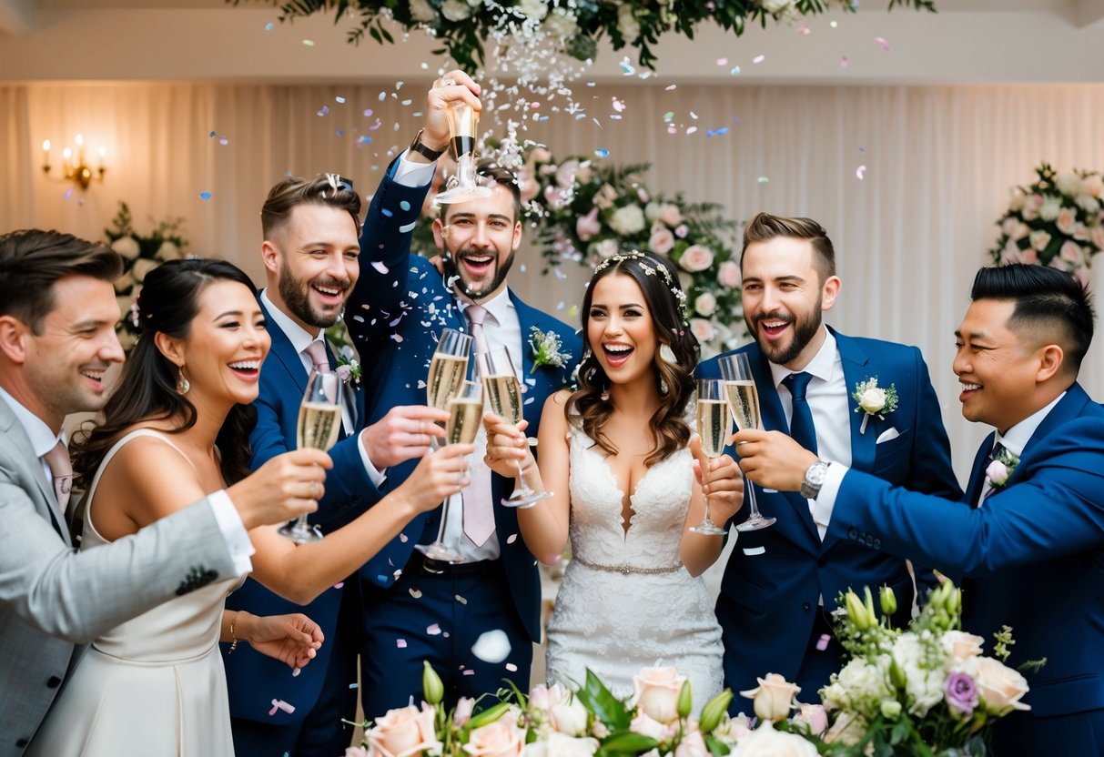 A group of people celebrating with champagne and confetti, surrounded by flowers and wedding decorations